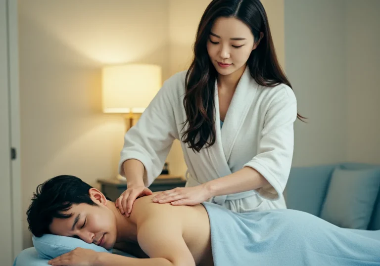 직산 출장안마 모찌바디 실버케어 전문 한국인 관리사가 연세 많은 고객에게 안전하고 부드러운 건강 증진 마사지를 제공하는 따뜻한 장면