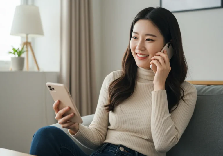 직산 타이마사지 모찌바디 예약하려는 전원 생활 중인 70대 한국 남성이 안경을 쓰고 차분하게 전화 상담받는 신중한 모습