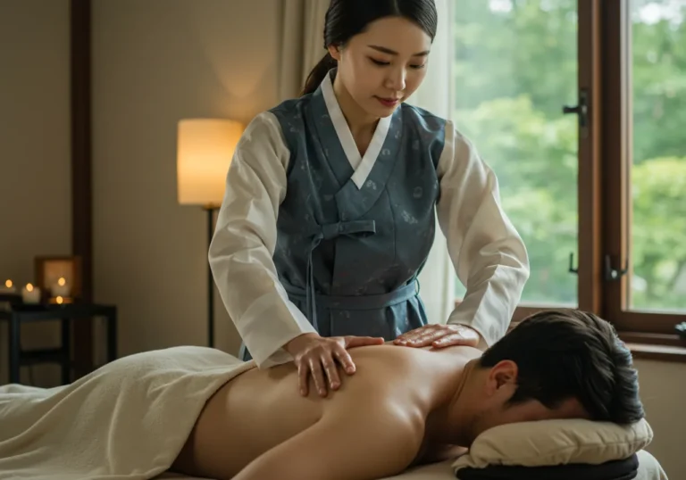 천안 출장안마 모찌바디 숙련된 한국인 여성 관리사가 전문적인 테라피 기법으로 고객에게 케어 서비스를 제공하는 장면