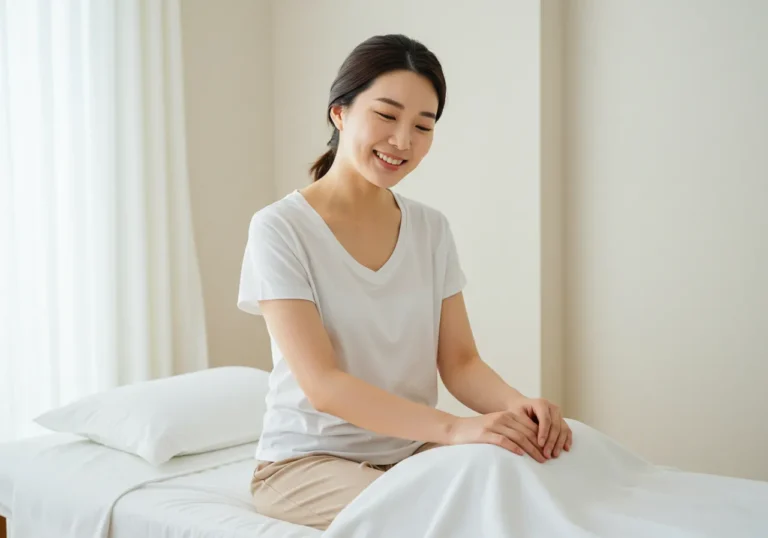 초지동 출장안마 체험 후 시화호가 보이는 테라스에서 석양을 바라보며 와인을 즐기는 40대 한국 여성의 여유롭고 만족스러운 표정