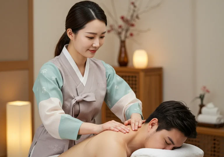 초지동 타이마사지 해양 치료 전문 한국 여성 테라피스트가 오션뷰 룸에서 고객에게 해초 랩과 머드 팩을 시술하는 전문 탈라소 테라피