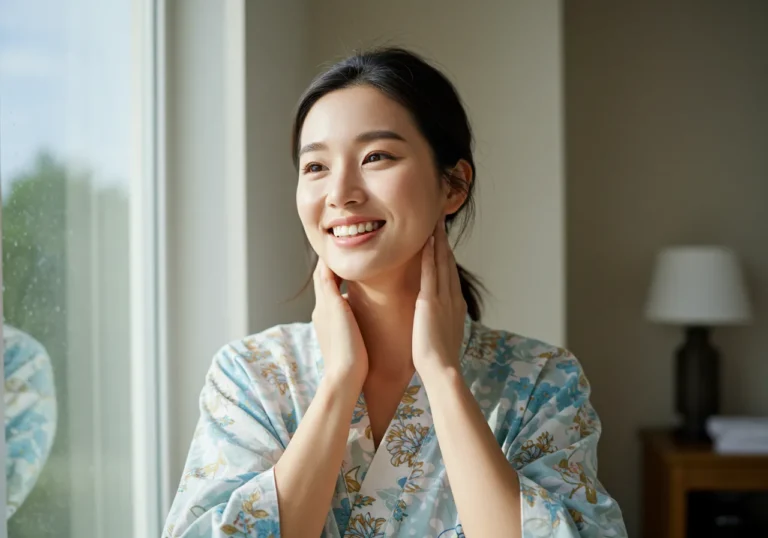 풍덕천동 출장안마 명상 케어 후 다도실에서 전통 차를 음미하는 40대 한국 남성이 내면의 평정을 찾은 고요한 표정으로 선문답하는 모습