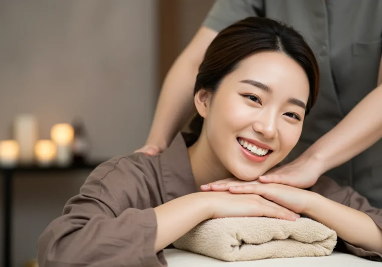 해운대 출장마사지 모찌바디 서비스 후 관광업 근무 스트레스가 완전히 해소된 30대 한국 여성의 상쾌하고 여유로운 표정