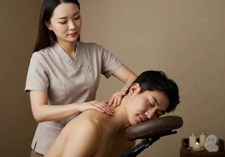 해운대 출장안마 모찌바디 관광업 전담 한국 관리사가 정교한 마사지 기법으로 VIP 고객 서비스를 제공하는 럭셔리한 장면