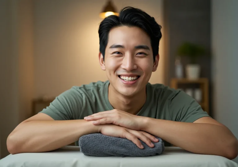화곡동 토닥이 친근한 한국 남성 관리사가 동네어르신께 효도마사지 시술하는 따뜻한 장면