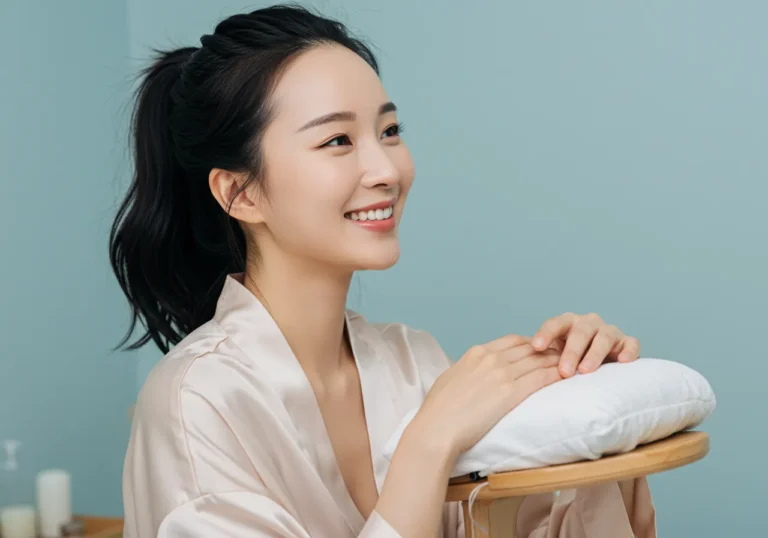 강남 출장마사지 이용 후 만족하는 한국 여성 고객, 다산신도시 중심 상권에서